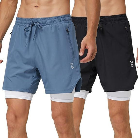 2 Pcs 2 in 1 Mens Running Shorts Quick Drying Gym Shorts Lightweight Sport Athletic Training Shorts with Zipper Pocket Compression Base Liner Workout Short