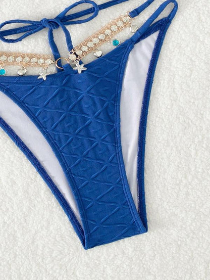 Two-Piece Set Women'S Tie Back Triangle Bra Swimsuit & Chain Decor Panty Bikini Set, Solid Swimwear & Bikini Bottom, Ladies Summer Beach Swimsuit